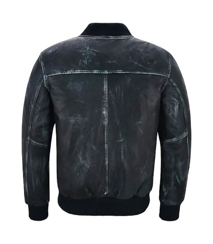 A navy leather jacket with a distressed, faded wash pattern, shown from the back on a white background.