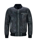 Full front view of a distressed vintage navy leather bomber jacket featuring a chest zipper pocket, central zip, and side pockets.