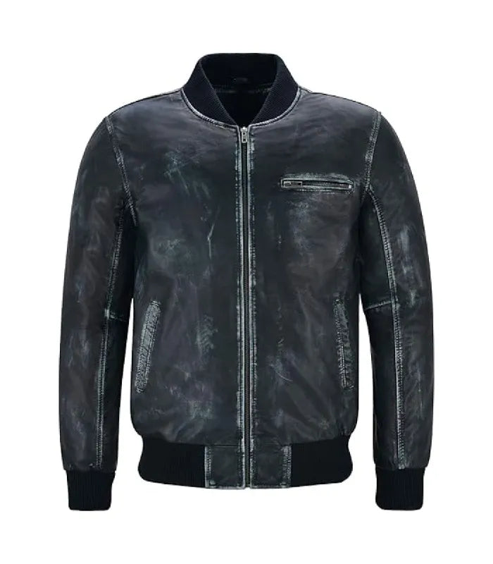 Full front view of a distressed vintage navy leather bomber jacket featuring a chest zipper pocket, central zip, and side pockets.