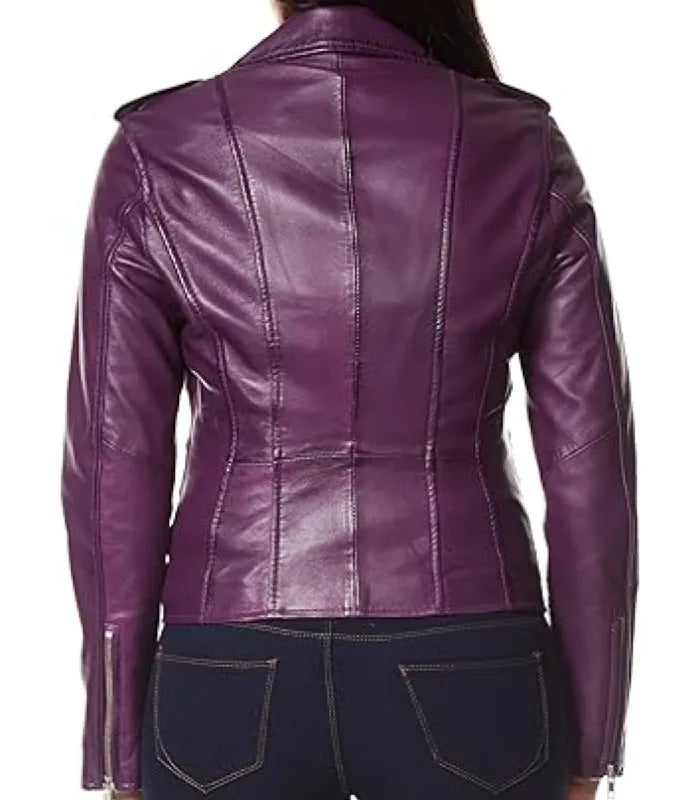 Rear view of a Womens Vintage Purple Leather Biker Jacket displaying vertical back seam paneling, a classic wide collar, shoulder epaulets, and silver zippered wrist cuffs.