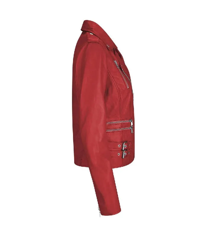 Profile side view of a Womens Vintage Red Leather Biker Jacket showing smooth sleeve construction, double waist buckle straps, and silver zippered hardware details.
