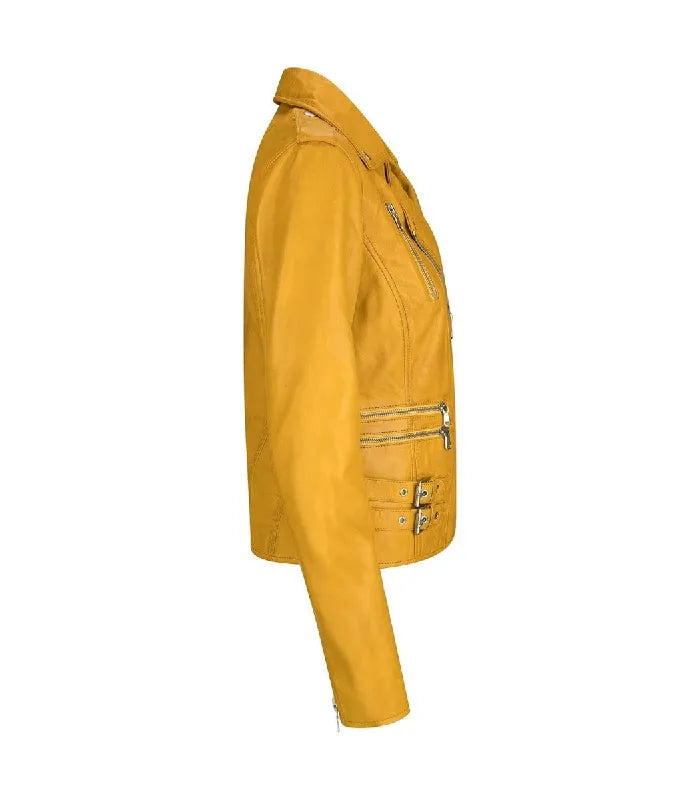 Profile side view of a Womens Vintage Yellow Leather Biker Jacket showing sleeve stitching, double waist buckle straps, and silver zippered hardware details.