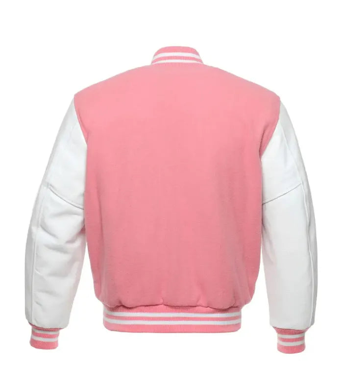 Pink and white varsity jacket on a white background