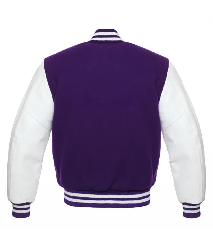 A purple and white varsity jacket shown from the back, featuring a solid purple body, white sleeves, and striped ribbed collar, cuffs, and hem.