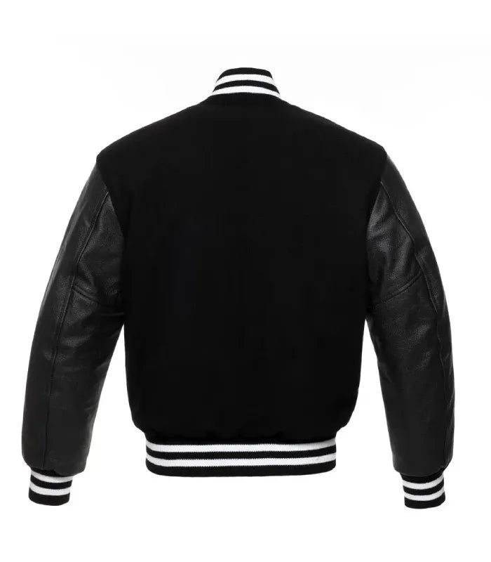 Rear view of a black wool varsity jacket featuring full leather sleeves, clean back panel, and white striped rib-knit collar and hem.