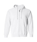 Front view of White Full Zip Hoodie featuring a full zipper closure, matching drawstrings, split kangaroo pockets, and ribbed cuffs.