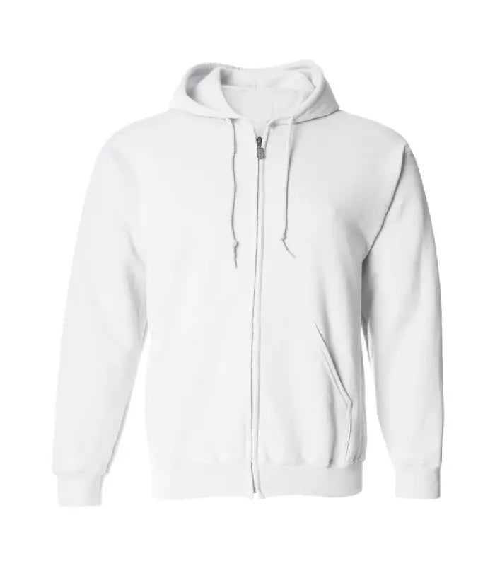 Front view of White Full Zip Hoodie featuring a full zipper closure, matching drawstrings, split kangaroo pockets, and ribbed cuffs.