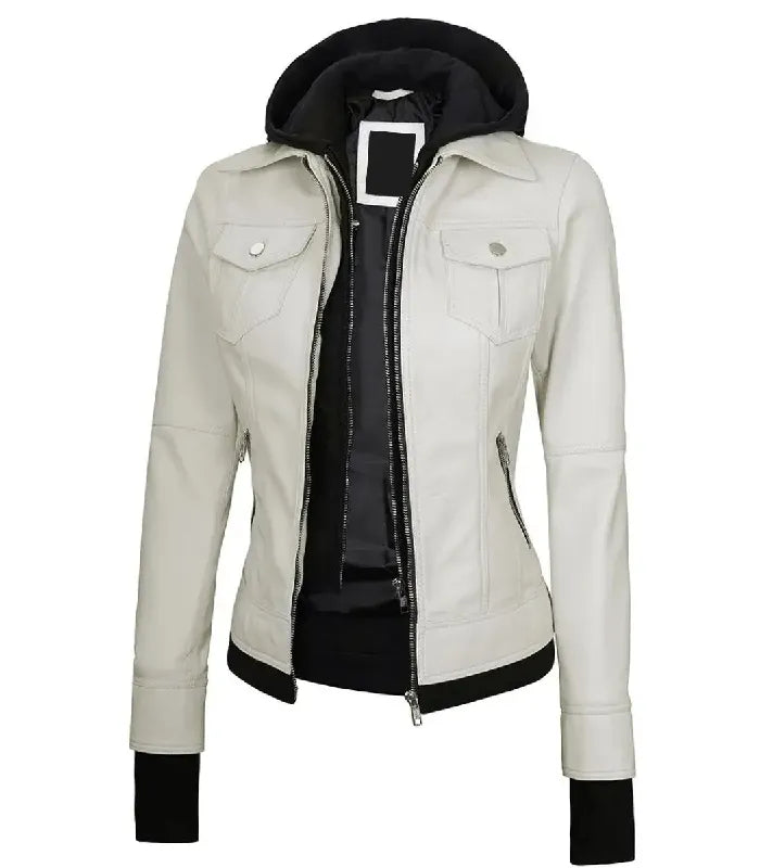 Three-quarter angle view of a women's white hooded leather bomber jacket displaying a layered inner zip structure, side zipper pockets, and extended black storm cuffs.