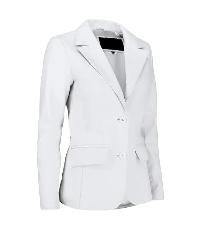 Three-quarter angle view of a Womens White Leather Blazer showing a sleek slim-fit silhouette, classic lapels, and flap pockets.
