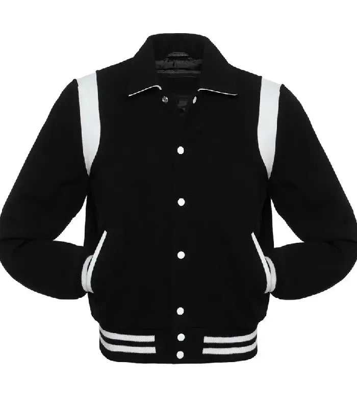 Front view of black wool varsity jacket with white snap button closure and side pockets.