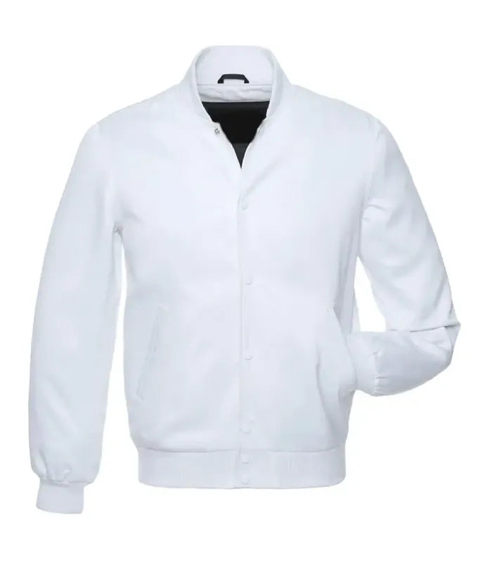 A white long-sleeve button-up satin jacket with a stand-up collar, ribbed cuffs and hem, and side pockets, shown against a plain white background.