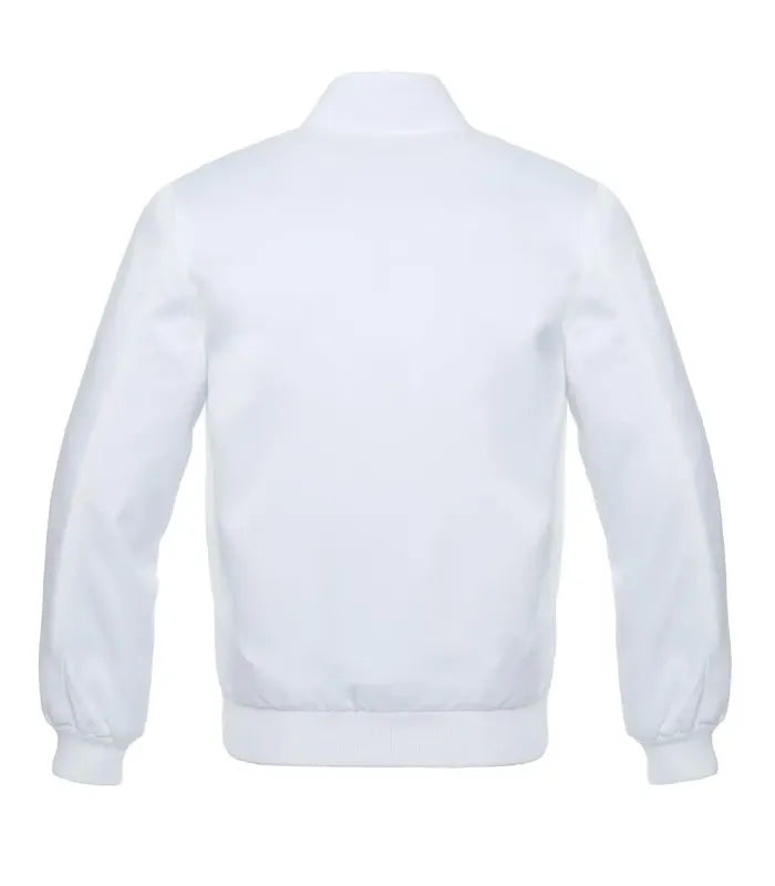 Rear view of a solid white satin varsity jacket displaying a clean back panel, ribbed stand collar, matching rib-knit hem, and cuffs.