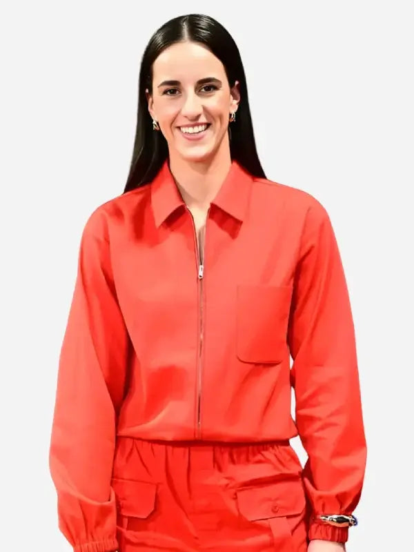Caitlin Clark red utility worker jacket spread collar zip closeup