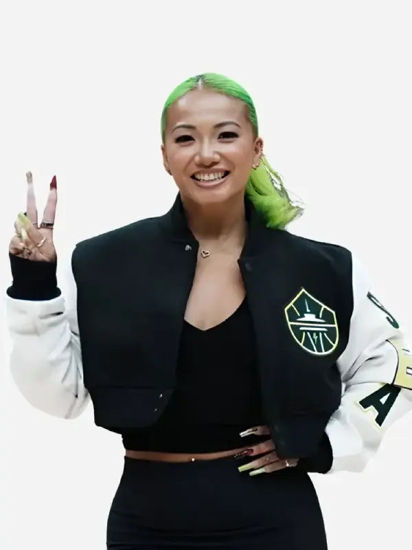 Kayce Kirihara wearing Seattle Storm 2026 black white cropped varsity jacket front