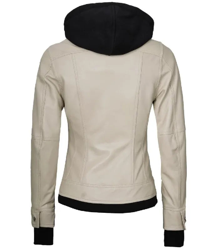 Back view of a women's beige hooded leather bomber jacket showcasing structured back seams, black hood, and fitted contrast waistband.