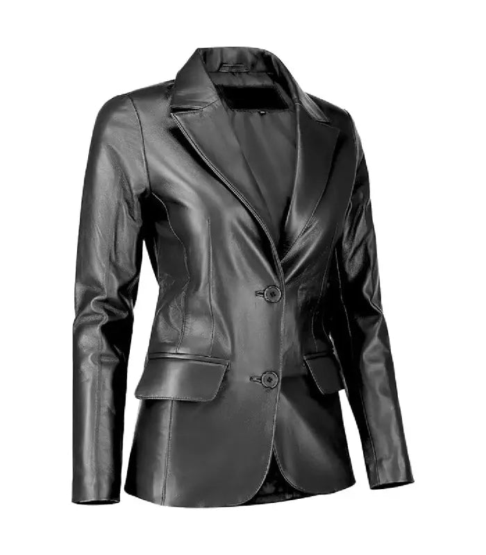 Three-quarter angle view of a Womens Black Leather Blazer featuring classic notch lapels, a tailored fit, and side flap pockets.