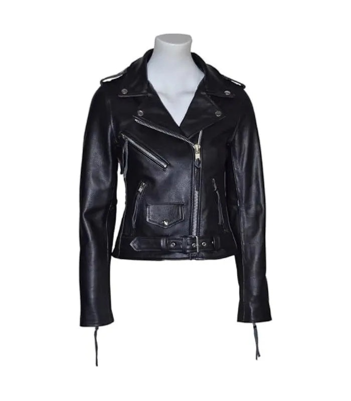 Direct front view of a women's Brando black leather biker jacket featuring wide lapel snaps, asymmetrical main zip, and front zipper pockets.