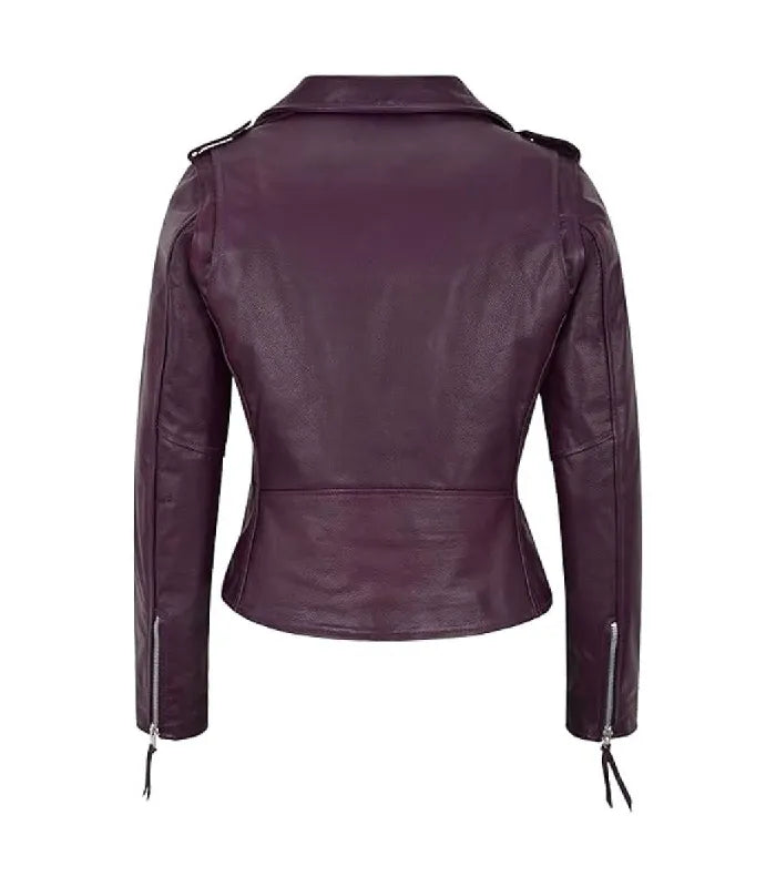 Rear perspective of a women's Brando purple leather biker jacket showing structured back panel seam lines and zipper cuffs.