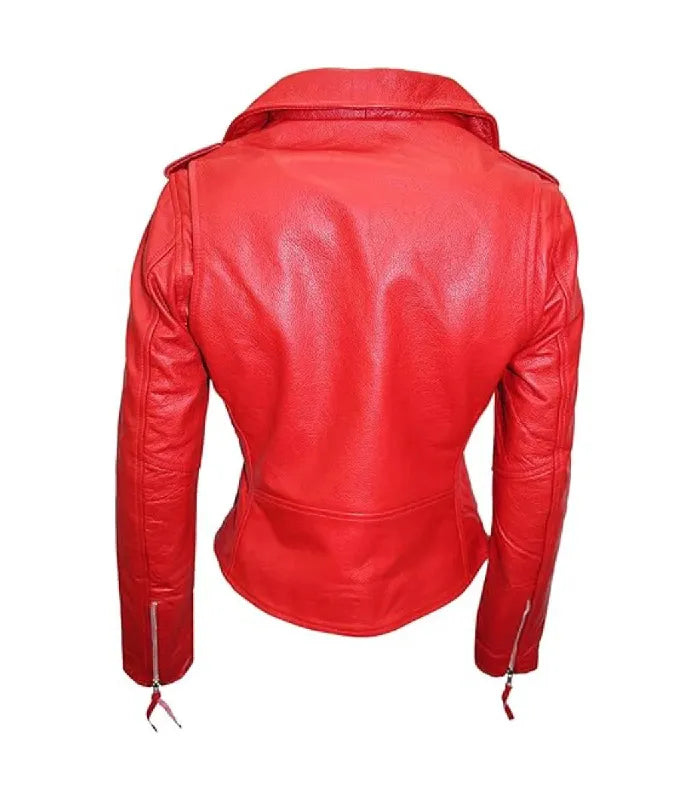 Rear perspective of a women's Brando red leather biker jacket highlighting structured back panel stitching, shoulder epaulettes, and sleeve zip pulls.