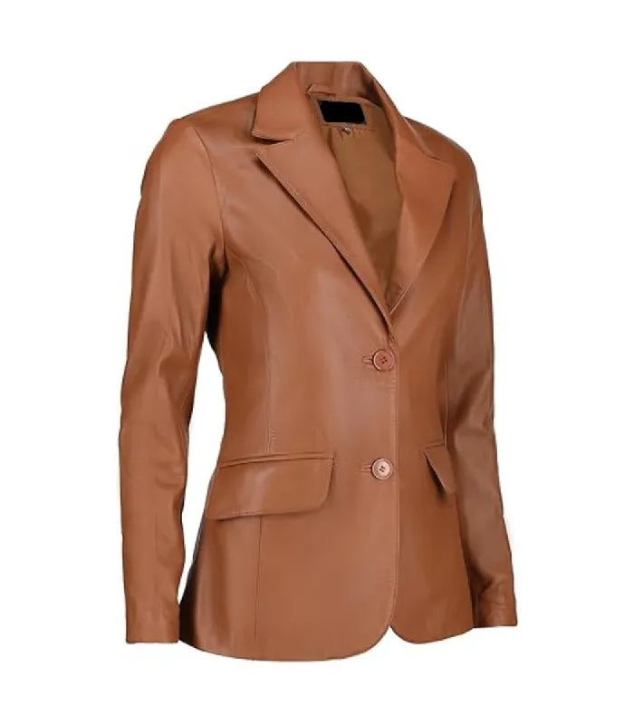 Three-quarter angle view of a Womens Brown Leather Blazer featuring classic notch lapels, a tailored fit, and side flap pockets.