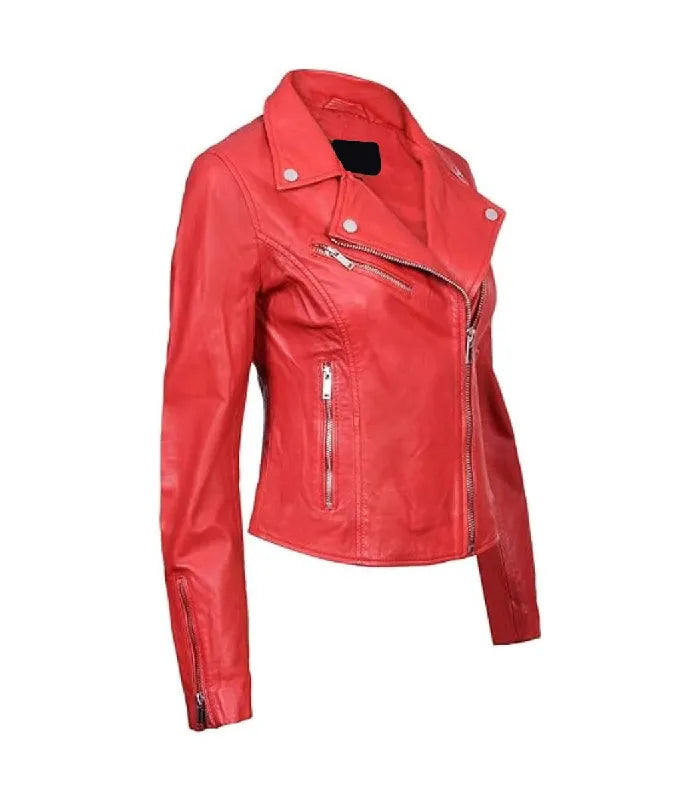 Angled front profile highlighting sleeve zipper cuff, side zip pocket, and collar lapel details on a women's classic red leather biker jacket.