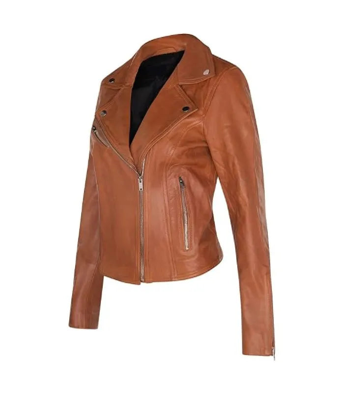 Angled front profile displaying asymmetrical zipper, lapel studs, and sleeve zip cuff details on a women's tan biker leather jacket.