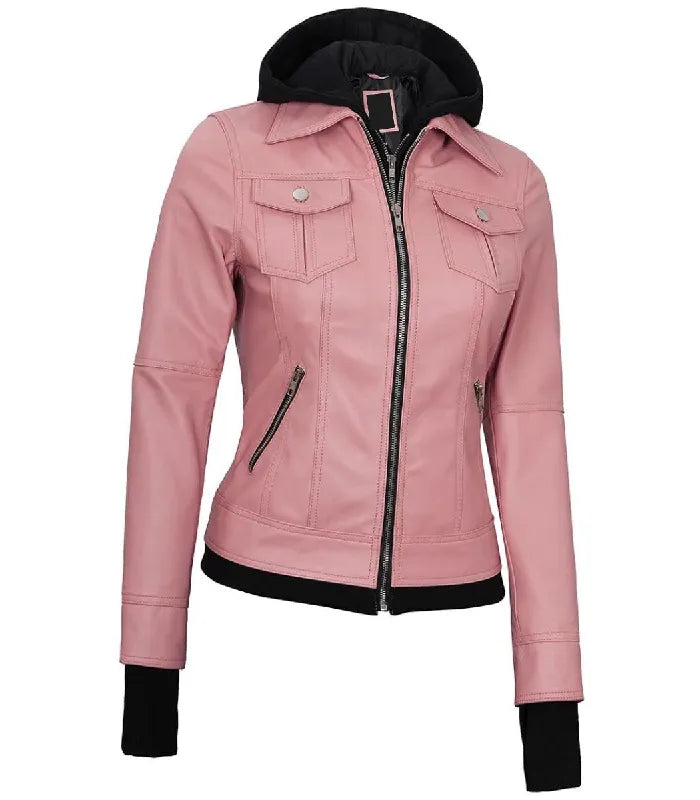 Three-quarter angle view of a women's pink hooded leather bomber jacket highlighting contrast dual front zippers and extended wrist cuffs.