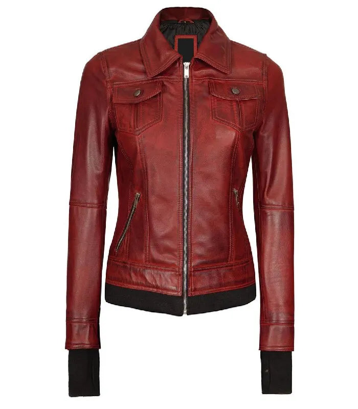 Front view of a women's distressed red leather bomber jacket without the hood, featuring a classic pointed collar, metallic zip closure, and dual flap chest pockets.
