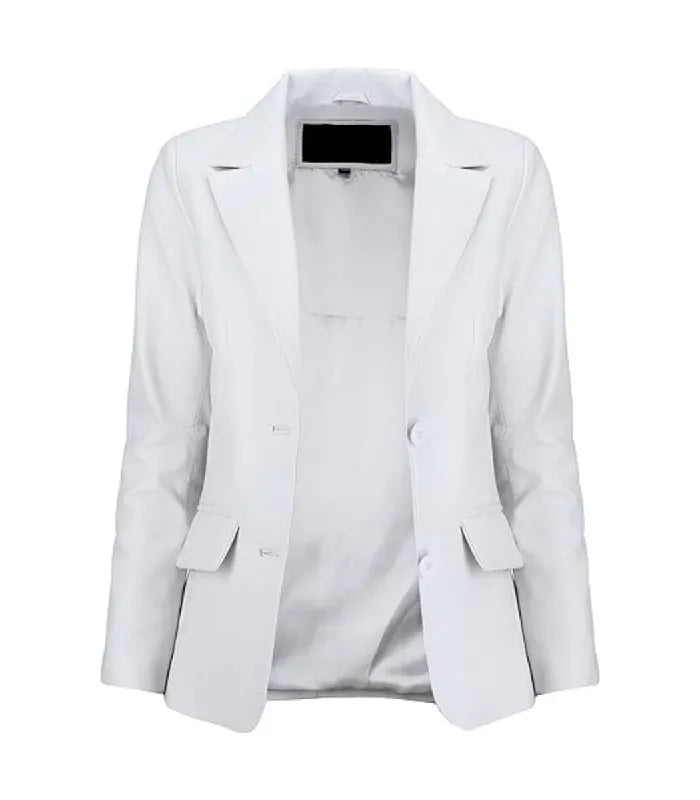Front open view of a Womens White Leather Blazer revealing smooth inner lining, wide notch lapels, and flap waist pockets.