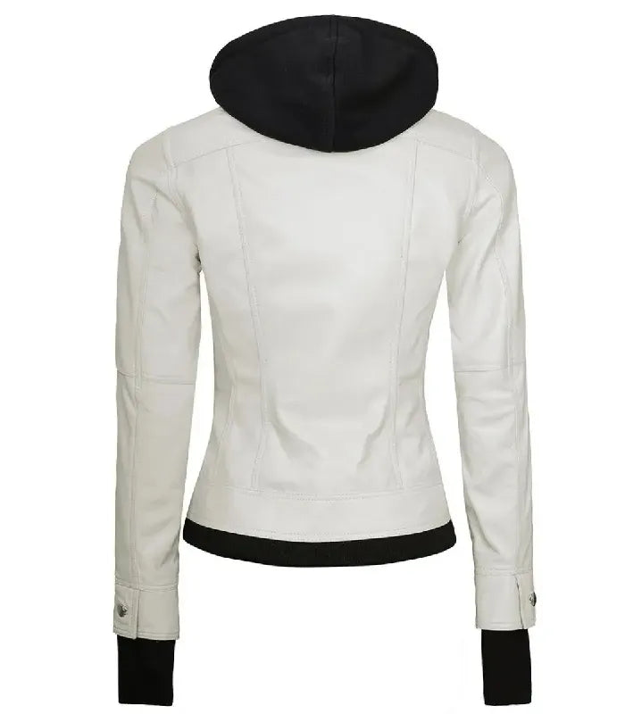 Rear view of a women's white hooded leather bomber jacket showcasing structured vertical seams, a contrast black hood, and a black ribbed waist hem.