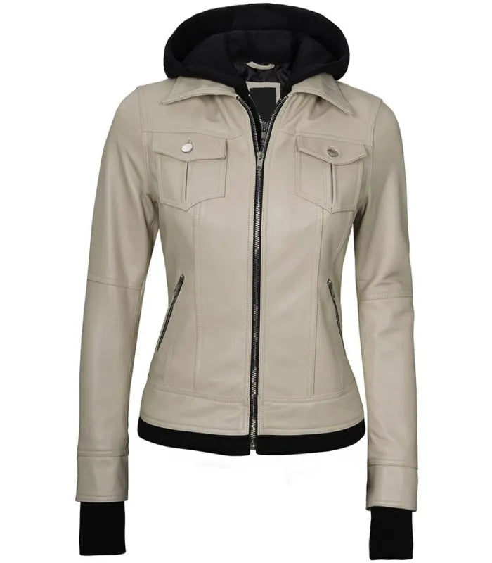 Front zipped view of a women's beige leather bomber jacket with a black fabric hood, silver metal hardware, and ribbed hem.
