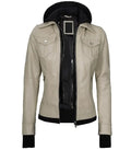 Front open view of a women's beige hooded leather bomber jacket featuring a contrast black fleece hood, inner zip layer, and flap chest pockets.