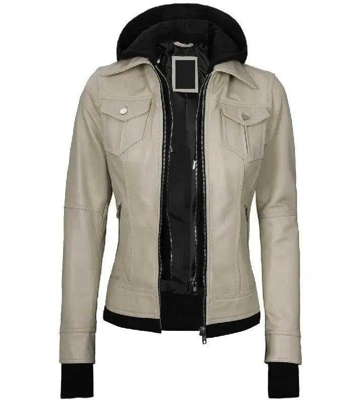 Front open view of a women's beige hooded leather bomber jacket featuring a contrast black fleece hood, inner zip layer, and flap chest pockets.