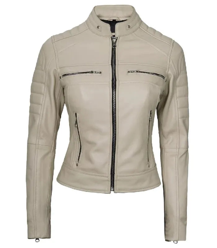 Straight front view of women's beige leather cafe racer jacket zipped closed with horizontal chest pockets.