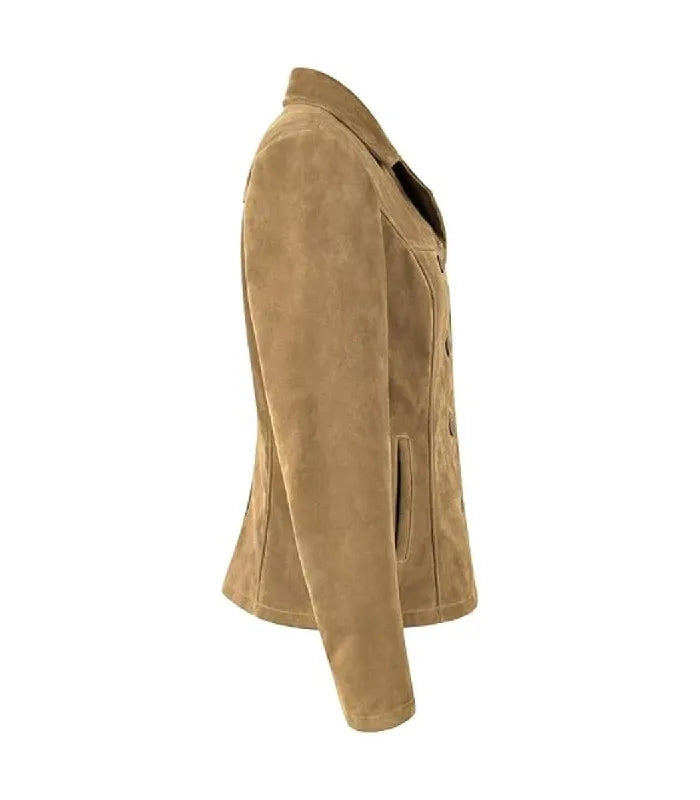 Side view of Womens Beige Suede Leather Blazer featuring side welt pocket detail, fitted sleeve construction, and structured waist tailoring.