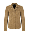 Front view of Womens Beige Suede Leather Blazer featuring button closure, notch lapel collar, horizontal yoke stitch, and side welt pockets.