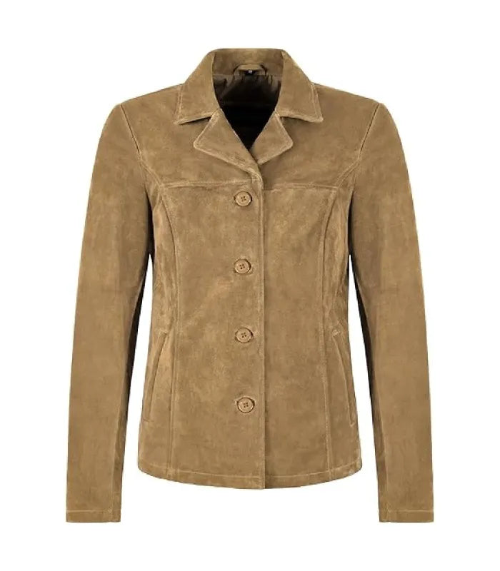 Front view of Womens Beige Suede Leather Blazer featuring button closure, notch lapel collar, horizontal yoke stitch, and side welt pockets.