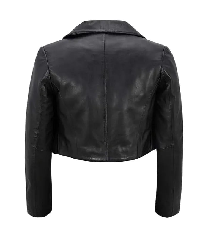 Rear view of Womens Black Bolero Cropped Leather Jacket featuring vertical center spine seam, shoulder seam panels, and cropped waistline hem.