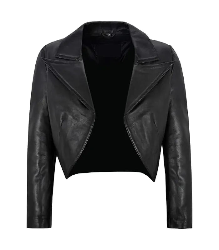 Front view of Womens Black Bolero Cropped Leather Jacket featuring wide lapel collar, open style front and long sleeves.