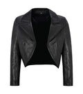 Front view of Womens Black Bolero Cropped Leather Jacket featuring wide lapel collar, open style front and long sleeves.