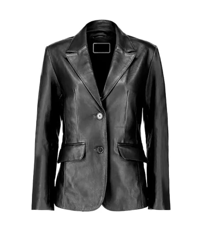 Front view of a Womens Black Leather Blazer displaying a two-button front closure, notch lapels, and waist flap pockets.