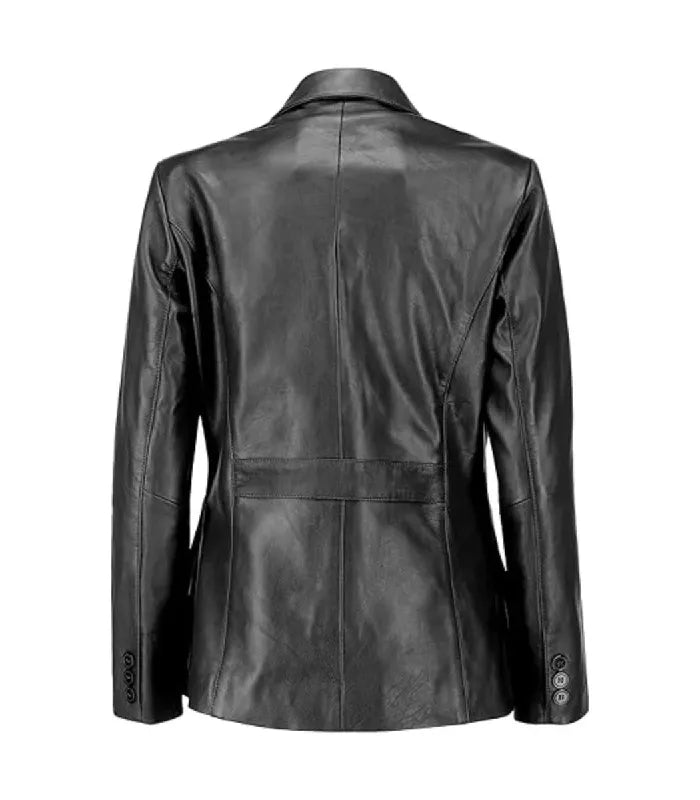 Rear view of a Womens Black Leather Blazer showing vertical panel stitching, back waist band detail, and three-button cuffs.