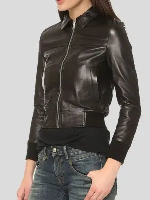 Women's Black Leather Bomber Jacket