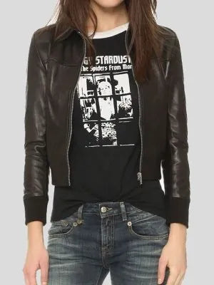 Women's Black Leather Bomber Jacket