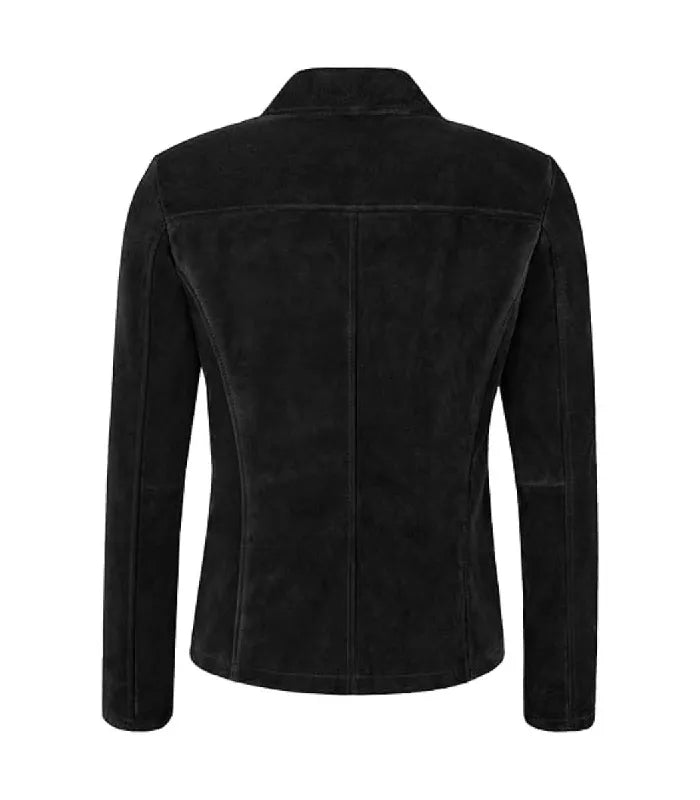Rear view of Womens Black Suede Leather Blazer featuring a horizontal back yoke panel, center spine seam, and tailored silhouette.