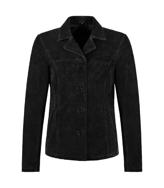 Front view of Womens Black Suede Leather Blazer featuring button closure, notch lapel collar, horizontal yoke stitch, and side welt pockets.