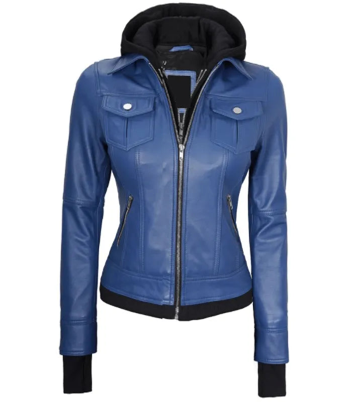 Full front zipped view of a women's blue hooded leather bomber jacket with buttoned flap pockets, side zip pockets, and black ribbed trim.