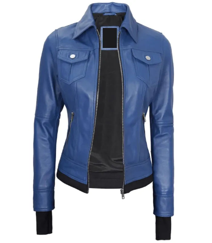 Front view of a women's blue leather bomber jacket without the hood attached, featuring a sharp collar, double chest pockets, and zip closure.