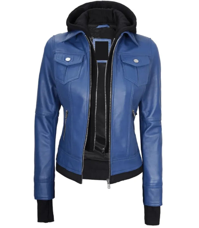 Front open view of a women's blue hooded leather bomber jacket featuring a black inner fabric hood, flap chest pockets, and extended black storm cuffs.
