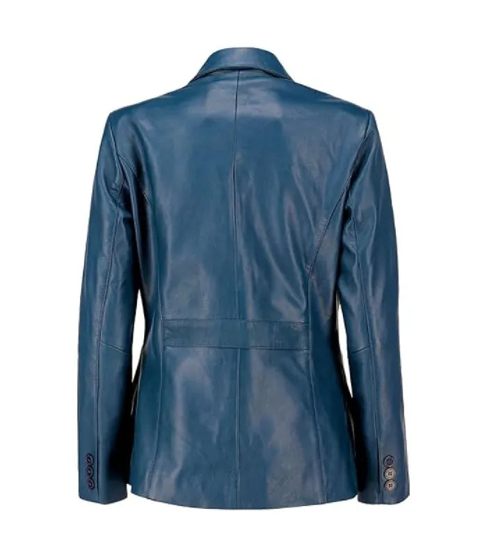 Rear view of a Womens Blue Leather Blazer displaying vertical structured seams, waist band detailing, and buttoned cuffs.